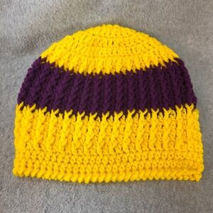 Striped Mens Yellow Purple Handmade Beanie Crochet Knit Winter Hat OSFM